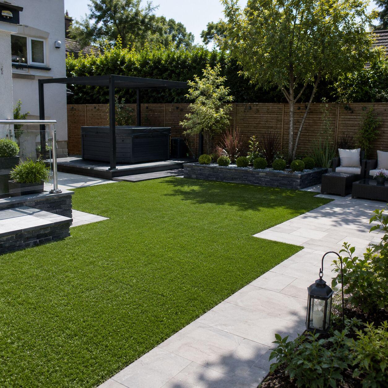 Premium artificial lawn — modern home with patio & garden