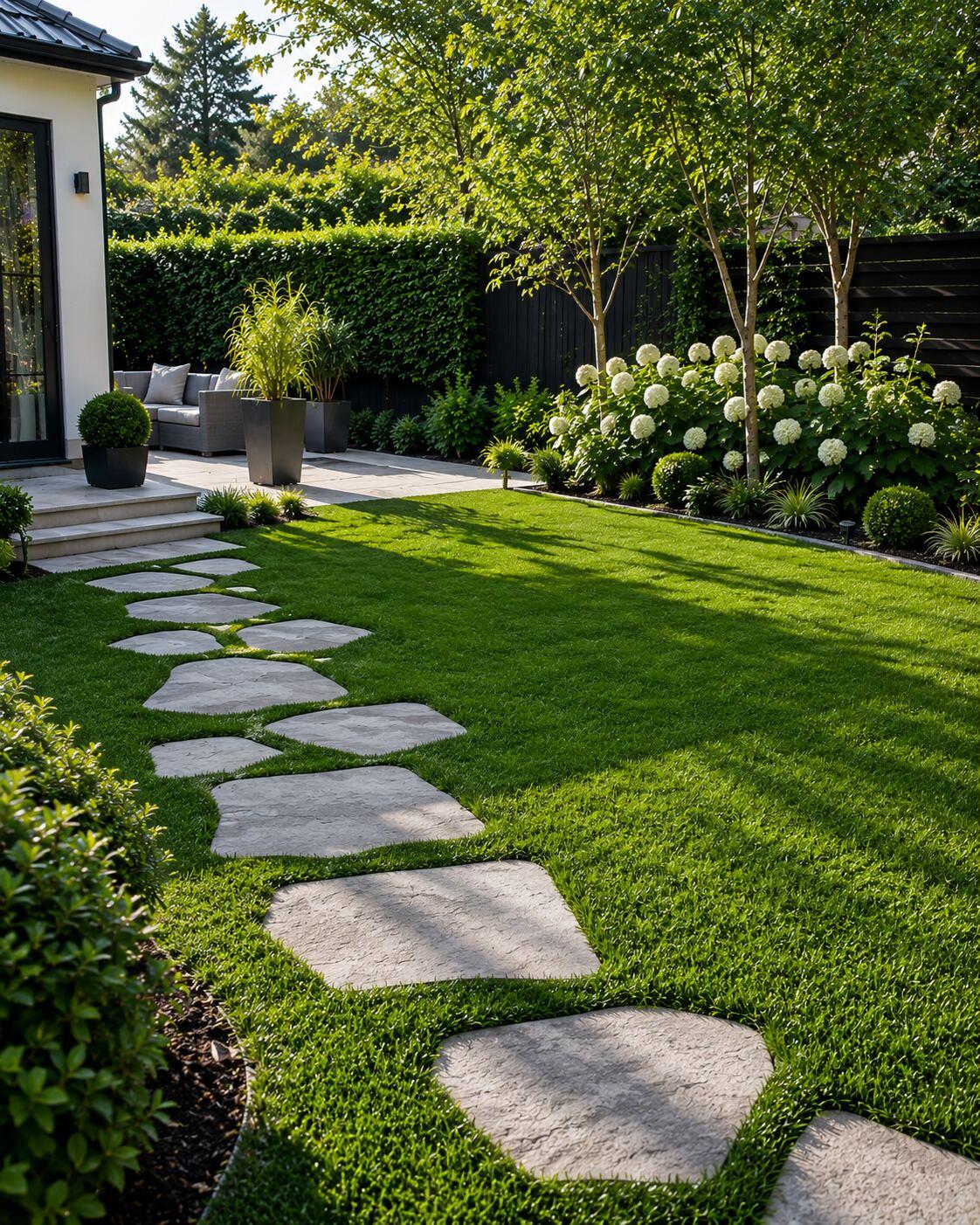 A premium lawn beside rattan garden furniture